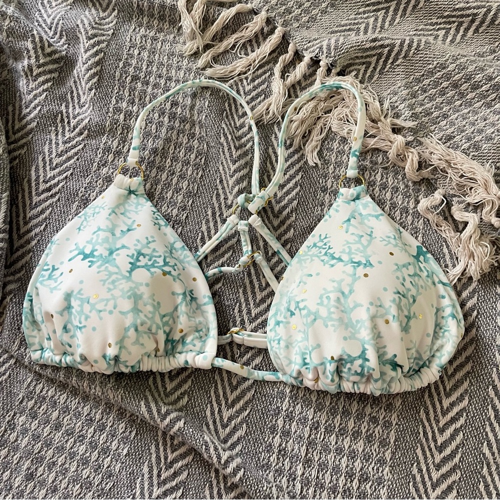 Venus Triangle Bikini Swim Bra Cream Blue Shimmer Print Sz XL